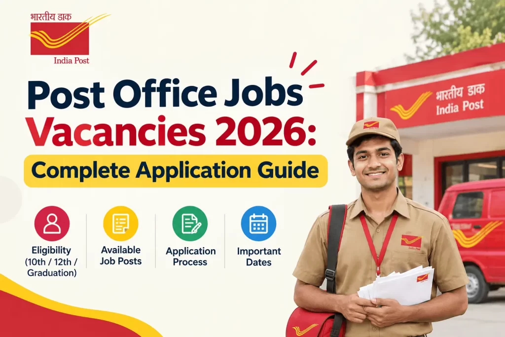 Here are optimized Alt Text options for images in your post titled "Post Office Jobs Vacancies 2026: Complete Application Guide", depending on which image you are using: 1. Main Featured Image / Banner Indian Post Office recruitment 2026 banner showing official post office building and application guide text