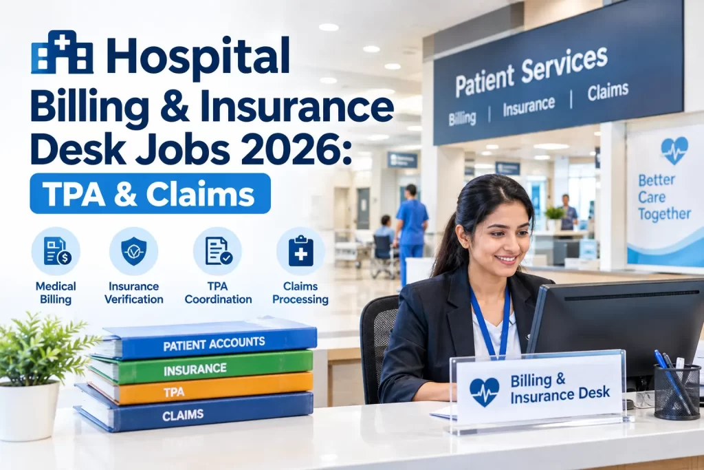 Hospital Billing and Insurance Desk Jobs 2026 post banner showing a patient services desk and healthcare billing team