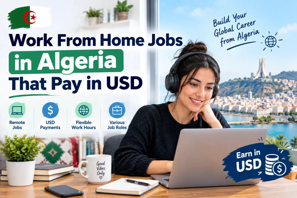 Work From Home Jobs in Algeria That Pay in USD post banner showing a remote worker at a desk with a laptop