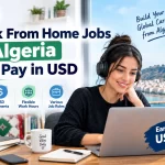 Work From Home Jobs in Algeria That Pay in USD post banner showing a remote worker at a desk with a laptop
