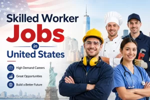 Skilled Worker Jobs in the United States banner featuring diverse professionals including a nurse, engineer, and construction worker