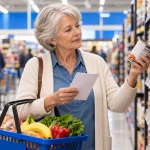 Older shopper comparing a grocery item with her shopping list in a supermarket aisle.