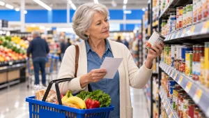 Older shopper comparing a grocery item with her shopping list in a supermarket aisle.